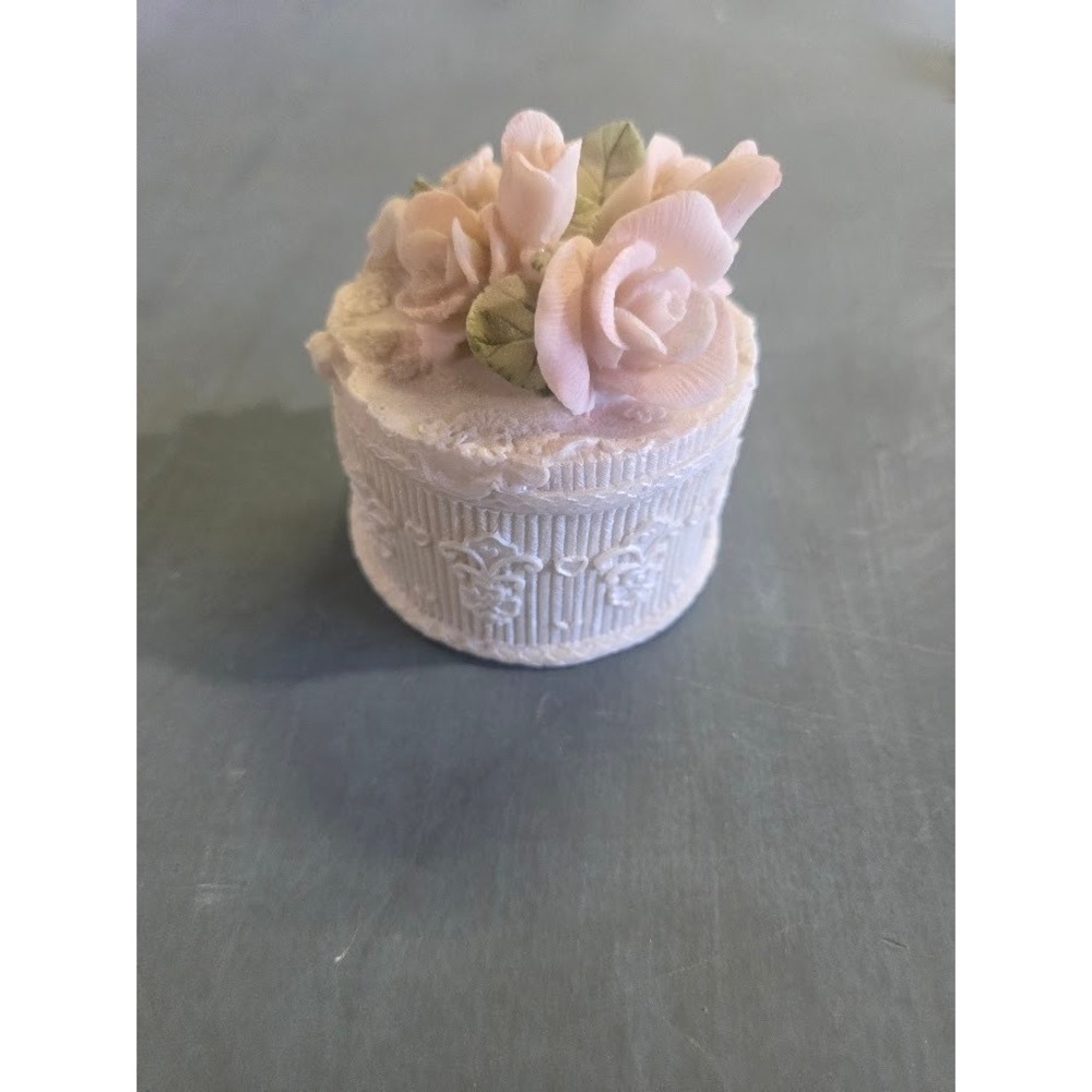 Pink Rose Floral Trinket Box Round White Resin Ornate Small Jewelry Box